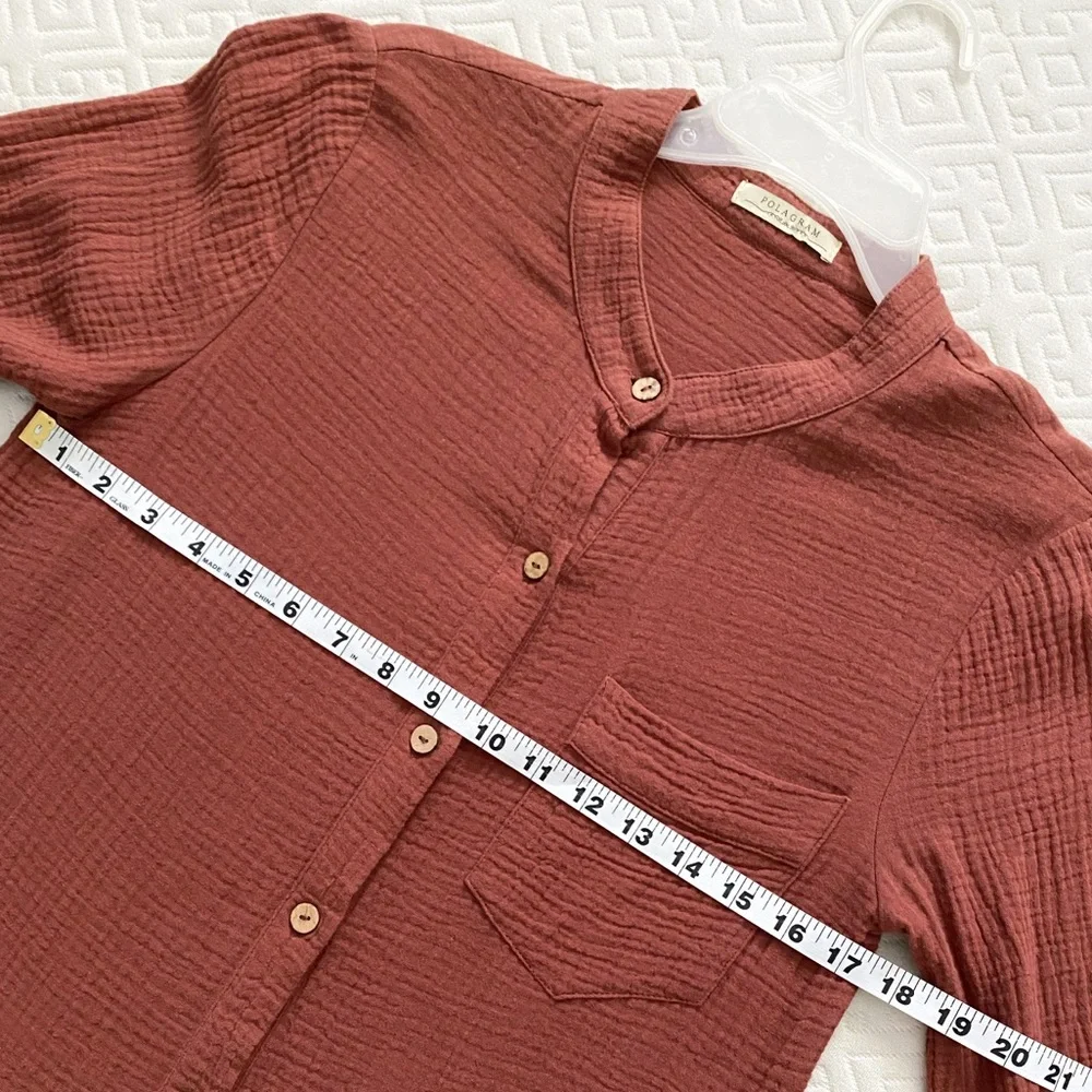 Polagram gauze cotton boho button down long sleeve tunic, sienna brown - Picture 6 of 9